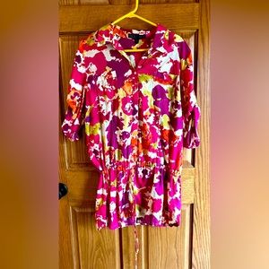 Blouse Pink Purple Multicolor, Nine West XL Draw String Waist Collar